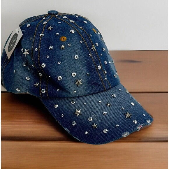 New Bling Hat Fun Western Rhinestone Baseball Cap, Bejeweled Distressed Stars - Picture 1 of 7